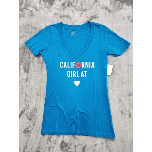 NEU Roxy California Girl at Heart V-Ausschnitt Kurzarm T-Shirt Gr. S blau Baumwolle
