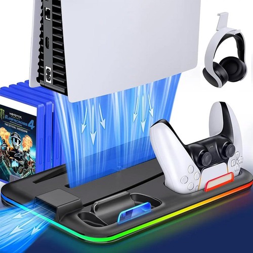 Game Console Stand For PS5/PS5 Slim Vertical Stand Cooling Fan Station RGB Light