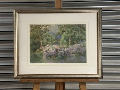 Albert Stevens (fl 1872-1902) Aquarell mit dem Titel Woodland Lake & Rhododendren