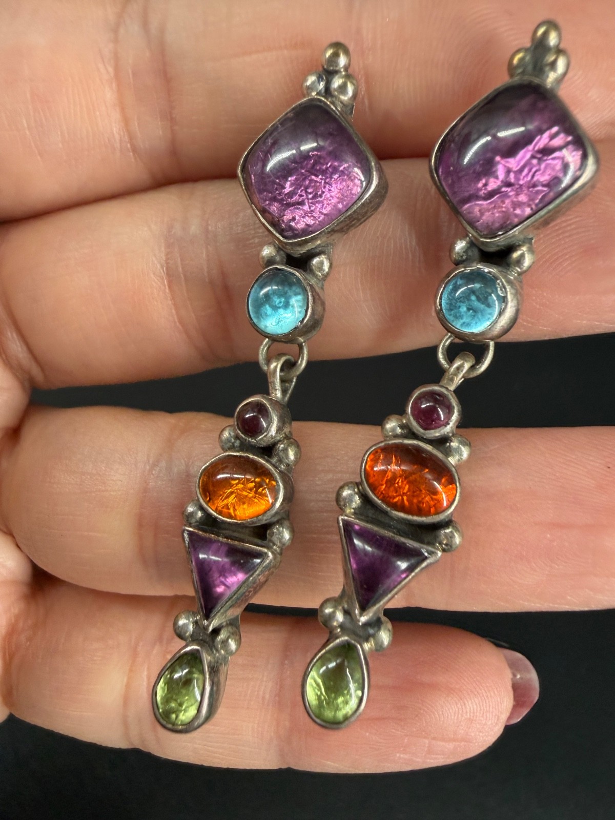 Sterling Silver Multi Gemstone Dangle Earrings Mo… - image 1