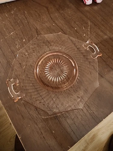 RARE Vintage Octagonal Pink Depression Glass Curved Serving Plate with Handles
