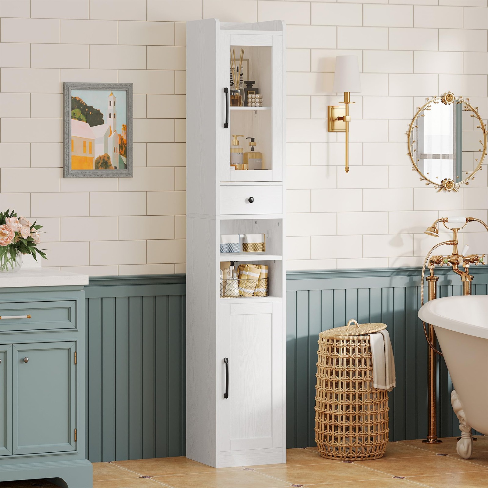 71 Inch Tall Slim Freestanding Bathroom Cabinet with Drawer and Door Storage