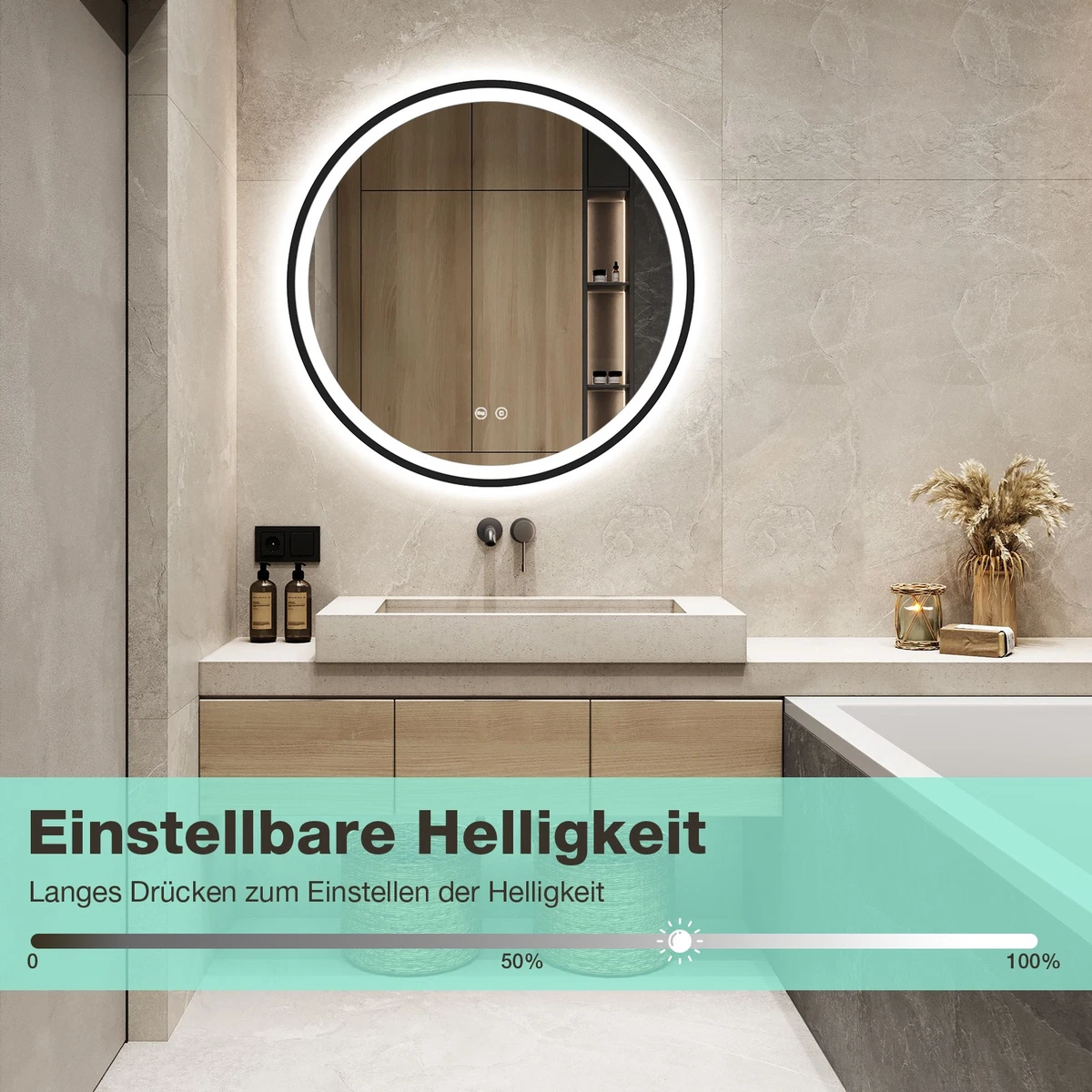 Runder LED Bad Spiegel mit Licht 50 cm Touch-Schalter, Dimmbar, 3 Lichtfarben