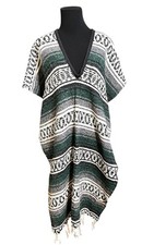 Aztec Poncho white fringe Green Black Aztec Hand Woven OS Hippie Blanket VTG