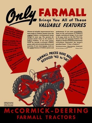 1938 IH McCormick Deering Farmall Model 20 Tractor NEW METAL SIGN: 12x16''
