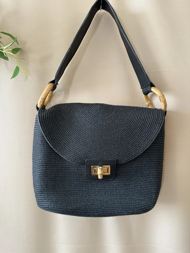 Eric Javits Mujeres Negro Tejido Rafia Cuero Correa Informal Mediano Cartera Bolso de Hombro Foto 2 de 4