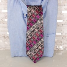 CRAZY HORSE Mens Gray Pink Geometric Repp Stripe Oxford Tie Necktie Silk Classic