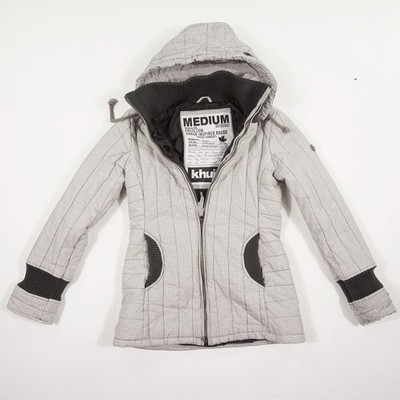 KHUJO Damen Jacke Gr. M Weiß Schwarz Kariert Kapuze Kurzmantel Strickbündchen Re