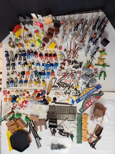 Vtg Geobra Playmobil Lot Replacement People Horse Weapons Tools Wagon 100's Pcs