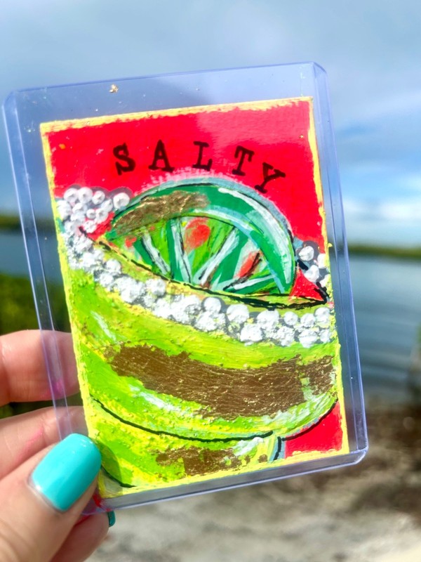 ACEO Original fun Art lime green preppy textured beachy  margarita