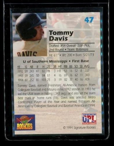 Vintage 1994 SIGNATURE ROOKIE AUTOGRAPH Baseball Card #47 TOMMY DAVIS Orioles LE - Image 2 of 2