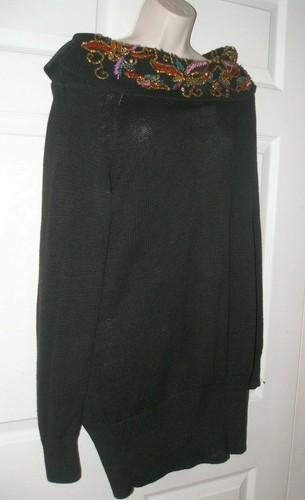 Vintage Strickpullover schwarz verziert Perlen Wasserfallausschnitt Damen Gr. Small neu - Bild 6 von 11