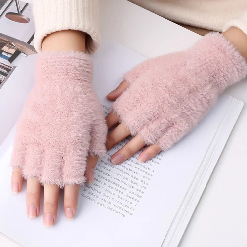 Womter Warm Half Finger Gloves,Fluffy Plush Fingerless Flip Gloves Flap Cover - Picture 18 of 29