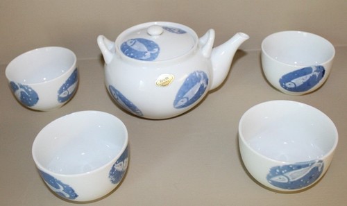 Vintage Porzellan Teekanne & (4) Tasse Set Handarbeit Made in Japan Fischmotiv EUC - Bild 3 von 12