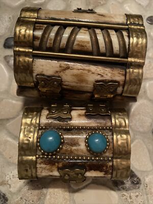 (2) Vintage Camel Bone Brass Trinket Treasure Box Decoration Latch Owl Hinges