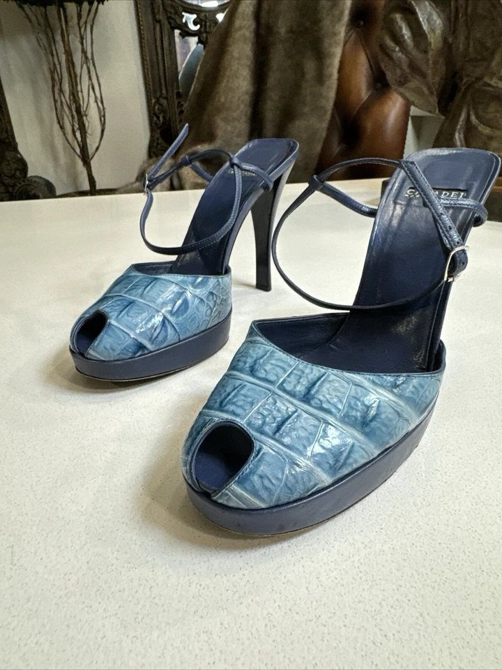 CASADEI Leather Floral Print Mules Women's Size: 6 Blue - Image 2 of 4