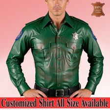 Mens Real Soft Leather Green Police Military Style Shirt Bluf Gay Cuir Schwarz