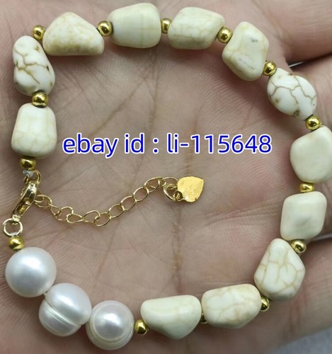 Beautifully Sculpted 9-12mm White Turquoise & 9-10mm White Pearl Bracelet 7.5" - Picture 3 of 3