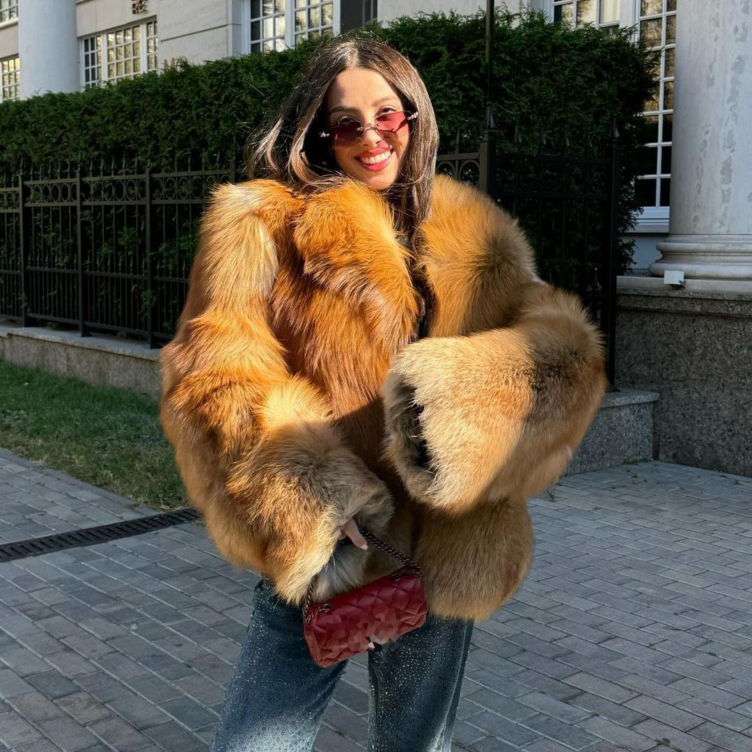 New Elegant Women Real Red Fox Fur Coat Winter Fluffy Jacket Warm