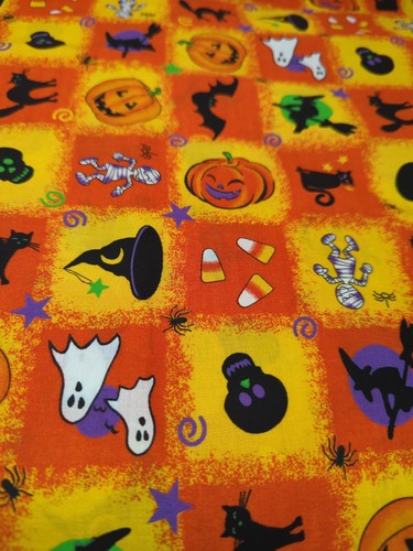 Halloween Cotton Fabric Orange Yellow Grid With Fun Images 1 Yard Length x 42" - Picture 5 of 9