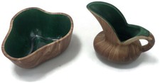 Handmade Hand Spun Glazed Brown Cup Pitcher Bowl Pottery Potter Art Set