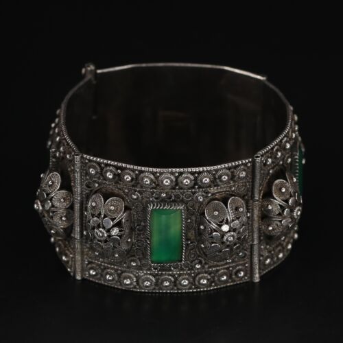 VTG Sterling Silver JERUSALEM ISRAEL Cannetille Emerald 6.5" Panel Bracelet 56g