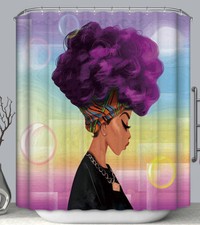 Purple Afro African Woman Bubbles Rainbow Fabric SHOWER CURTAIN 70x70 w/ Hooks