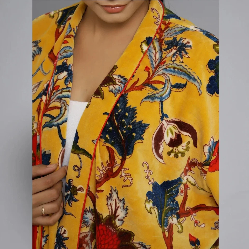 Jaqueta longa OFMD tecido banyan veludo estampado floral quimono algodão roupão de veludo - Imagem 4 de 4