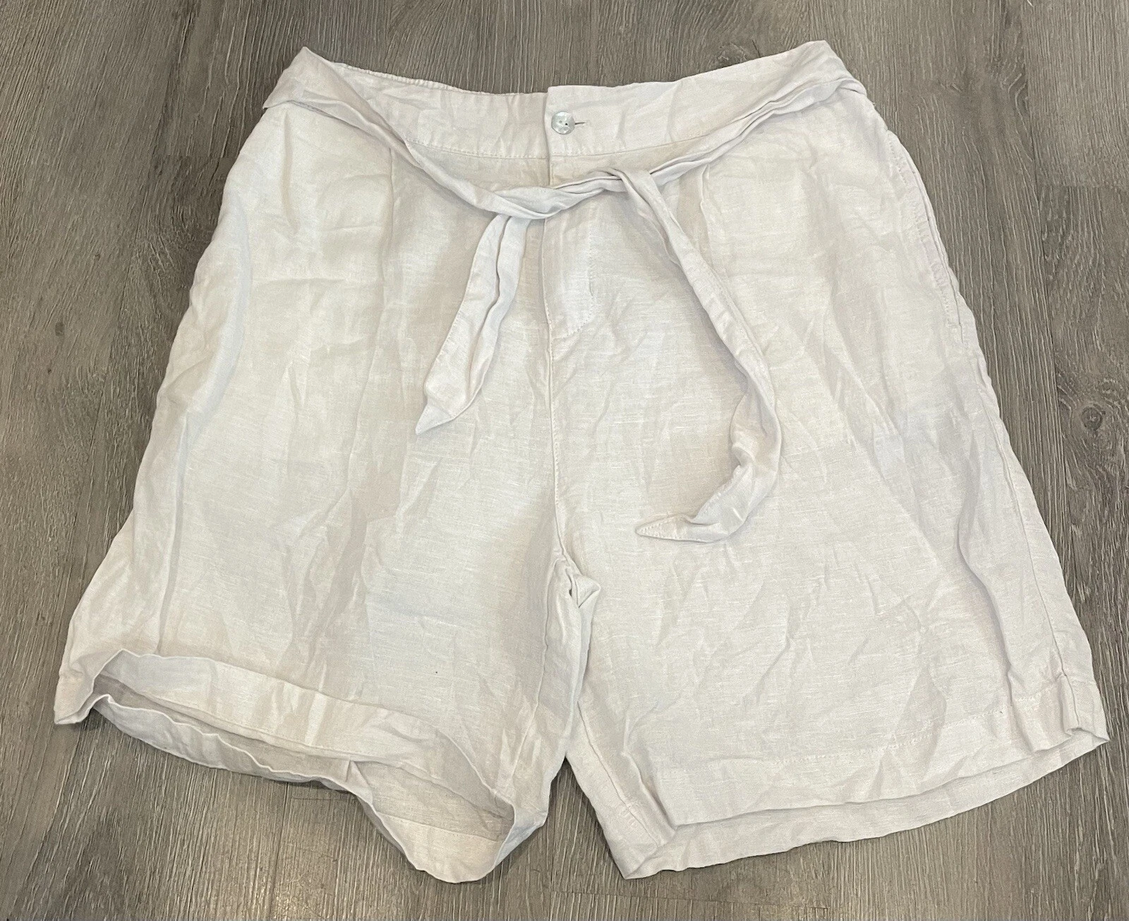 H By Halston Womens L White Linen High Rise Shorts Tie Sash Half Belt Summer
