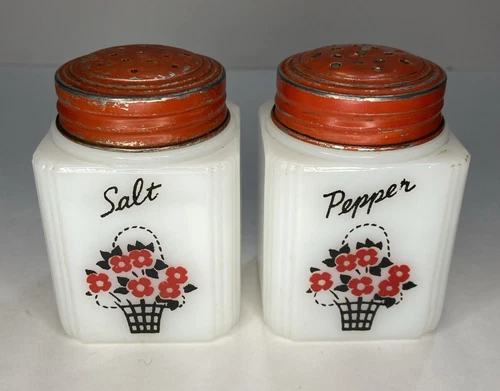 Vintage Tipp USA Milk Glass Salt & Pepper Shakers Basket Of Flowers Red Black