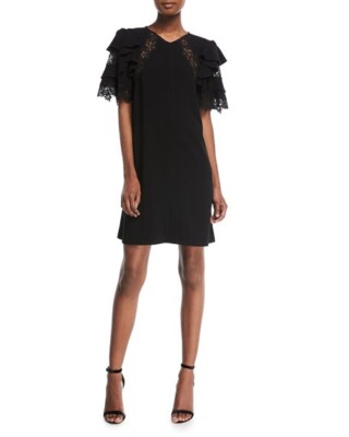 Rebecca Taylor Black Short Sleeve A-Line Crepe Puff Ruffle Lace Dress Size 