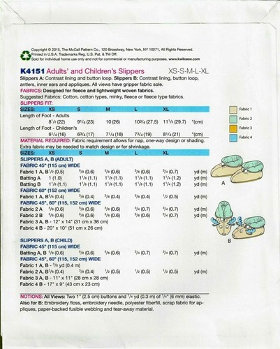 Fuera de imprenta Kwik Sew K4151 Adultos y Niños Pantuflas Acurrucadas Patrón de Costura Tallas XS-XL - Imagen 2 de 3