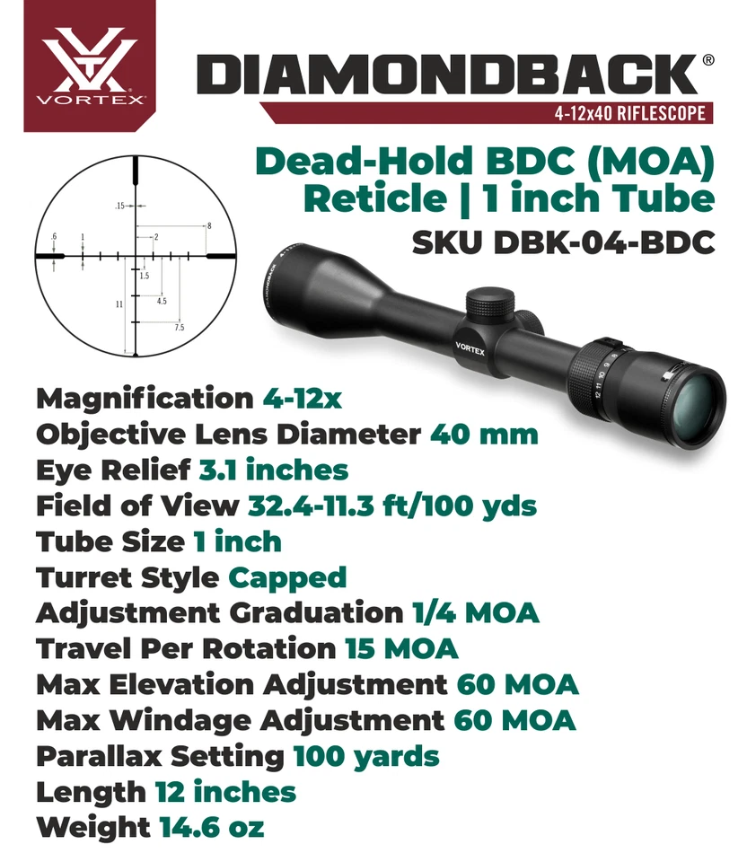 Mira para rifle Vortex Diamondback 4-12x40 Dead-Hold BDC MOA con anillos M y paquete de sombrero Foto 3 de 4