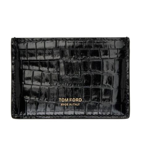Tom Ford Six Kreditkarten Geldbörse Schwarz Krokodildruck Leder Geprägtes Gold Logo