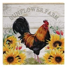 NEW Primitive SUNFLOWER ROOSTER Wood Block Farmhouse 8" x 8" Distressed Rustic