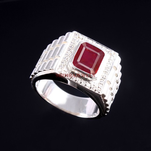Heizbar Rubin Edelstein Mit 18K Weiß Vergoldet Silber Herren Ring #301 - Bild 2 von 9