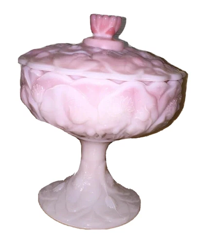 Fenton Pink Rosalene Glass Water Lily Covered Footed Candy Dish Box