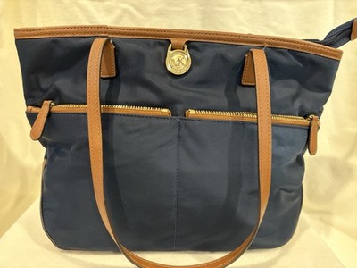 Michael Kors Kempton navy blue nylon tote bag with brown leather accents