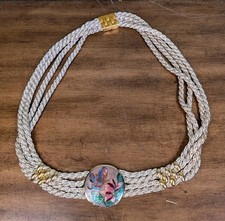 Vintage Cloisonne Enamel Beige Floral Butterfly Braided Cord Rope Belt Sz L