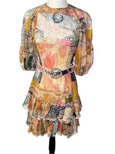 Zimmermann Anneke Patchwork Paisley Ruffle Hem Linen Belted Mini Dress Sz 1 US 6