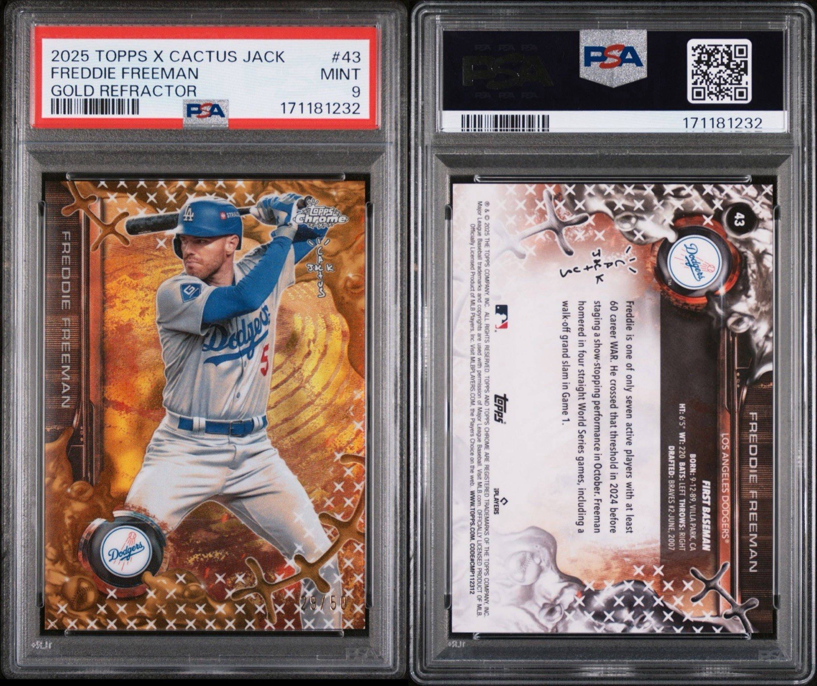 2025 Topps Chrome Cactus Jack  - Freddie Freeman #43 Gold Refractor /50 PSA 9 view 3