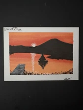 Aceo Orginal Landscape Art Card, Sunset On A Lake, Mixed Media