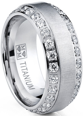 Men's Titanium Dome Brushed Finished Wedding Band Engagement Ring with CZ