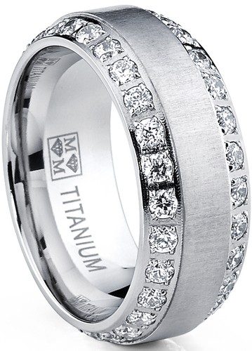 Men's Titanium Dome Brushed Finished Wedding Band Engagement Ring with CZ - Picture 1 of 7