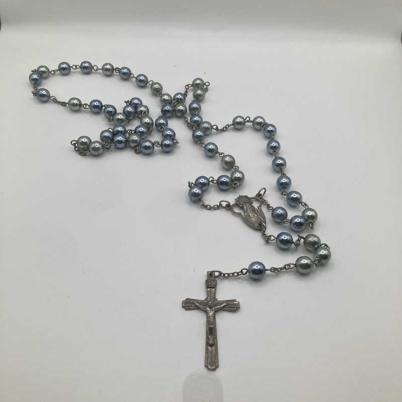 Vintage Blue Grey Metal Beaded Christian Catholic Rosary