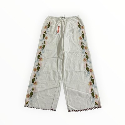 Ciao Lucia Ermanno Pant White Linen Blend Embroidered Floral Womens M