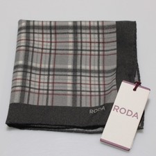 Roda NWT Wool / Silk Pocket Square In Shades of Gray / White / Red Plaid