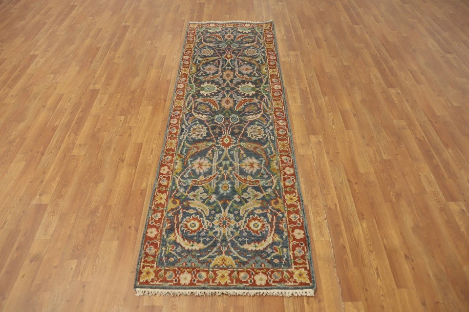 Handmade Gray Wool Carpet Transitional Oriental Floral Oushak Runner Rug 3x8 Ft - Image 2 of 4