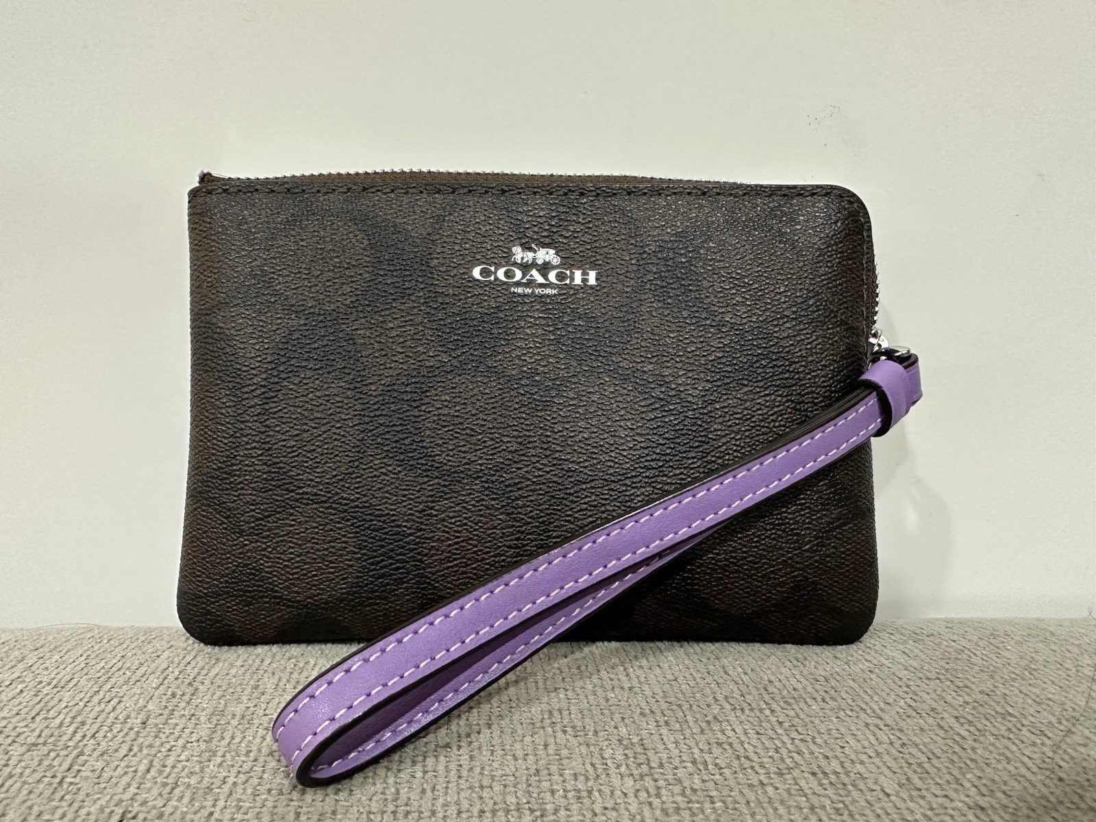 Coach Corner Zip Wristlet Wallet Signature Canvas Purple