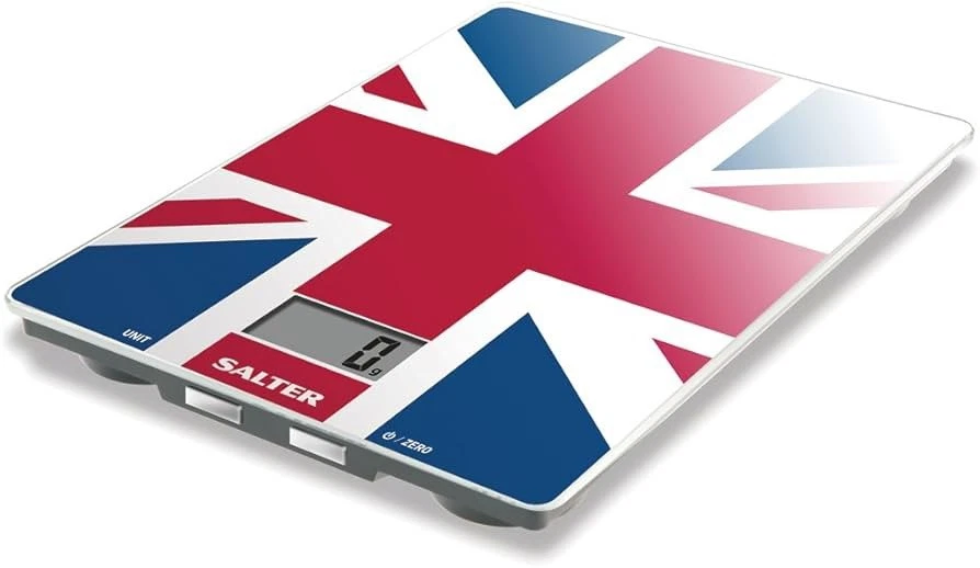 Salter Union Jack Digital Kitchen Scales – Electronic Glass Battery Red White